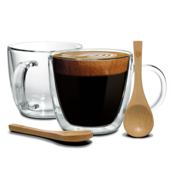 Mainstream Source® Glass Espresso Mugs – Insulated, Double Walled Mug and Espresso  Shot Glass with 2 Durable Wooden Spoons, Holds 5.5oz of Espresso (Set of 2)  